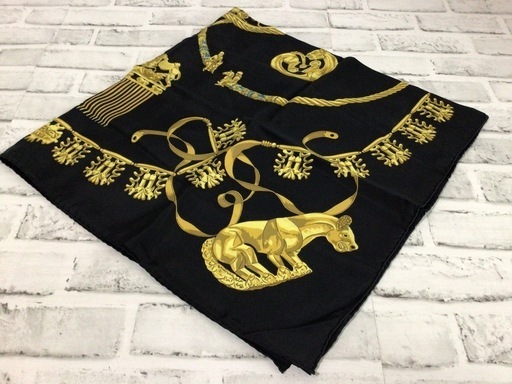 W004 保管品 HERMES/エルメス 大判スカーフ ストール ブラック ホース/馬柄 シルク100％ フランス製 古着 現状品