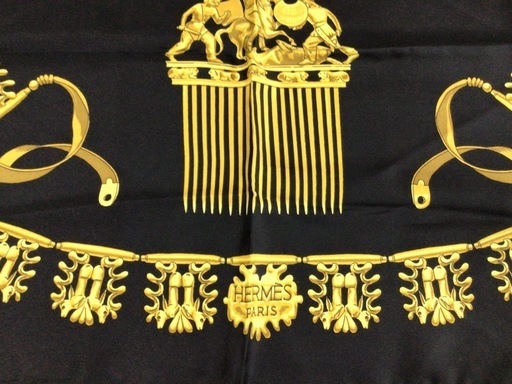 W004 保管品 HERMES/エルメス 大判スカーフ ストール ブラック ホース