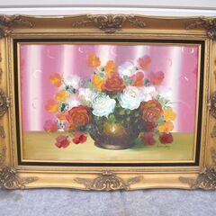 作者不明　花瓶に挿したバラなど花の油彩画