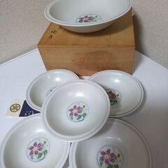 たち吉テッセン　クレマチス花柄陶器　小皿14.5cm5枚セット大皿１枚24㎝木箱の画像