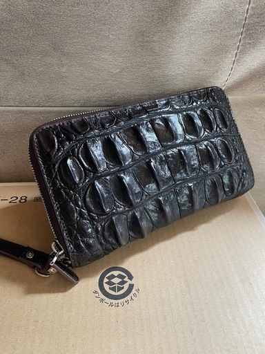 クロコダイル 長財布 ラウンドファスナー ワニ 鰐 背革 茶 ダブルファスナー