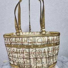 (美品)COACH ロゴプリント トートバッグ ホワイト/ゴールド