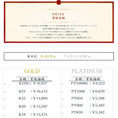 大黒屋仙台パルコ店 6/13　本日の貴金属の買取金額 