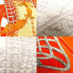 名古屋帯 アンティーク帯 昔名古屋帯 夏物 絽 ベージュ 紫 オレンジ 銀糸 御所車 刺繍 昔帯 九寸帯 レトロ 明治・大正ロマン 長さ341cm 【キモノオフ野々市若松店】の画像