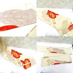 名古屋帯 アンティーク帯 昔名古屋帯 夏物 絽 ベージュ 紫 オレンジ 銀糸 御所車 刺繍 昔帯 九寸帯 レトロ 明治・大正ロマン 長さ341cm 【キモノオフ野々市若松店】の画像
