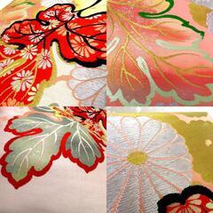 名古屋帯 アンティーク帯 昔名古屋帯 サーモンピンク 金 銀 赤 緑 白 花 葉 昔帯 九寸帯 レトロ 明治・大正ロマン 長さ337.2cm 【キモノオフ野々市若松店】の画像