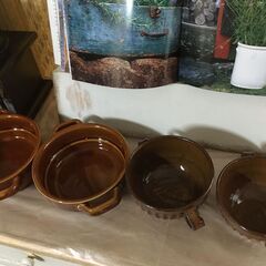🟣 茶色バージョン食器　両取っ手スープ系丸い２個　両取っ手陶器浅...