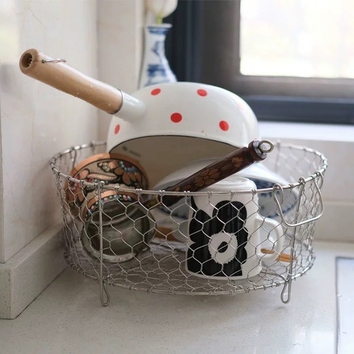 金網工芸 ステンレス製水切りかご, 直径30cm, 手編み丸型, 持ち手付き