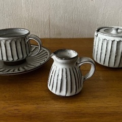 【お値下げ】伝統工芸：丹波立抗焼 コーヒーカップ5客 & シュガー・ミルクポットの7点セットの画像