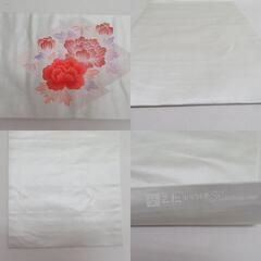 名古屋帯 正絹 キモノッシモ お太鼓柄 松川菱に牡丹模様 白ｘオレンジ色ｘ薄紫色 シルバー系 刺繍入り 仕立て上がり 着物帯 長さ346cm 【キモノオフ野々市若松店】の画像