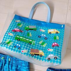 130cm 男の子水着2着＆プールバッグ　青　の画像