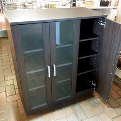 食器棚 キッチン収納 キャビネット 収納棚 リビングボード ダークブラウン 幅79.5cm 高さ89cm 札幌市東区 新道東店　の画像