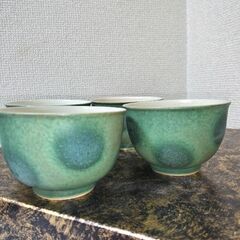 【新品未使用】平安たち吉　清水焼き　緑雀釉　貫入　湯呑茶碗　4客揃