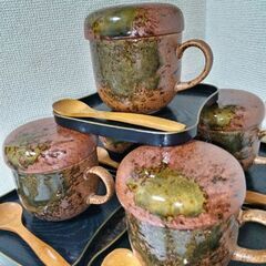 新品未使用　美濃伊賀焼　茶碗蒸し器セット5客　蓋付　木製スプーン