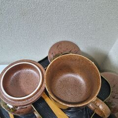 新品未使用　美濃伊賀焼　茶碗蒸し器セット5客　蓋付　木製スプーンの画像