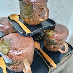 新品未使用　美濃伊賀焼　茶碗蒸し器セット5客　蓋付　木製スプーンの画像