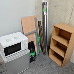 冷蔵庫/電子レンジ/机/棚/カラーボックス/ロールカーテン 全部セット