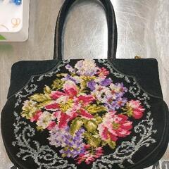 0615-104 フェイラー ボストンバッグ 刺繍 黒 花柄 肩かけ