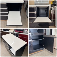 【美品‼️】大川家具 100cm幅キッチンカウンター ミドルレンジボード 食器棚 収納家具 艶あり木目調ブラック♪の画像
