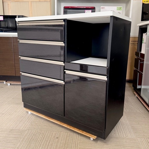 【美品‼️】大川家具 100cm幅キッチンカウンター ミドルレンジボード 食器棚 収納家具 艶あり木目調ブラック♪