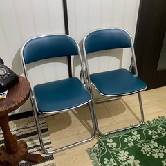 青 パイプ椅子 椅子   2脚 セット