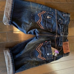 激渋良好EDWINデニムジーンズショートハーフパンツワークカーゴペインターvintageデニムダメージ加工インディゴ本革パッチフラップポケットの画像