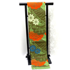 昔 子供帯 アンティーク 正絹 丸帯仕立 緑 白 オレンジ 青 茶 橋 松 花 レトロ 大正ロマン 昔着物 長さ336cm 【キモノオフ野々市若松店】の画像