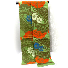 昔 子供帯 アンティーク 正絹 丸帯仕立 緑 白 オレンジ 青 茶 橋 松 花 レトロ 大正ロマン 昔着物 長さ336cm 【キモノオフ野々市若松店】の画像