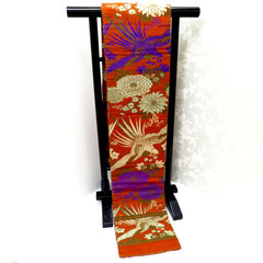 昔 子供帯 アンティーク 正絹 丸帯仕立 オレンジ ベージュ 紫 茶 鳥 セキセイインコ 花 レトロ 大正ロマン 昔着物 長さ321cm 【キモノオフ野々市若松店】の画像