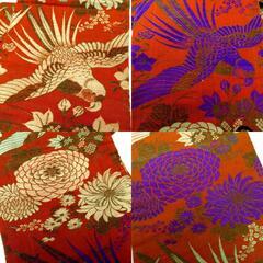 昔 子供帯 アンティーク 正絹 丸帯仕立 オレンジ ベージュ 紫 茶 鳥 セキセイインコ 花 レトロ 大正ロマン 昔着物 長さ321cm 【キモノオフ野々市若松店】の画像