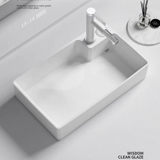 ホワイト長方形洗面ボウル 右押す排水600mm x350mm x140mm