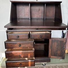 【セール】民芸家具 樺材 ミズメザクラ 虎杢 ライティングビューロー デスク チェスト 書き机 作業台 引き出し収納 木製　/DJ-1273の画像
