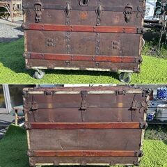 木製 船舶トランクケース ② 鉄装飾 キャスター付き 収納 船 キャビネット ブランケットボックス レトロ 当時物　/DJ-1275の画像