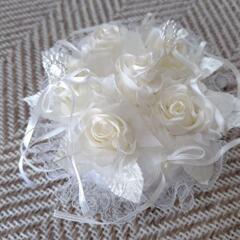 リングピロー白花リボン　ハンドメイド