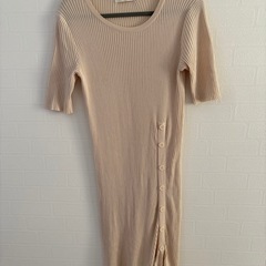 リブ編み ベージュ 半袖 ロングワンピース M