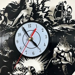 リトルマーメイド レコード型 ウォールクロック 時計 アリエル モノトーン 黒の画像
