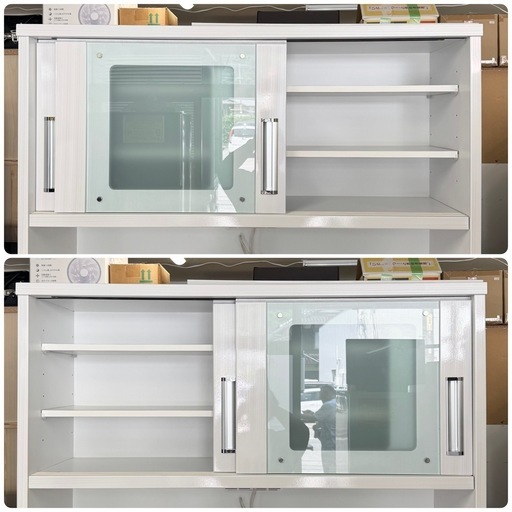 【超美品‼️】高級♪ 浅川木工 120cm幅キッチンボード 食器棚 収納家具 艶あり木目調ホワイト♪
