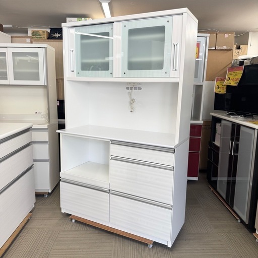 【超美品‼️】高級♪ 浅川木工 120cm幅キッチンボード 食器棚 収納家具 艶あり木目調ホワイト♪