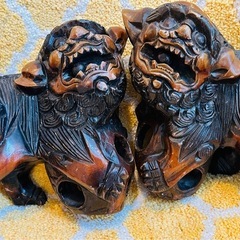 木製獅子彫刻 2体セット 大型 木彫 一刀彫 玉乗り獅子 狛犬 獅子