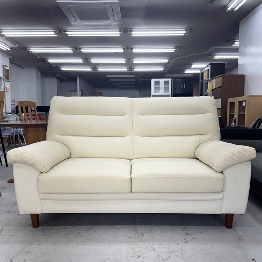 【超美品‼️】ヤマダ電機 163cm幅2人掛けソファ ラヴソファ ハイバックタイプ ソフトレザー(合成皮革)製アイボリー♪
