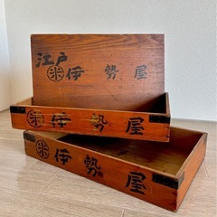 ご予約●江戸伊勢屋　和菓子屋の木箱　蓋付き2段式アンティーク和風木箱