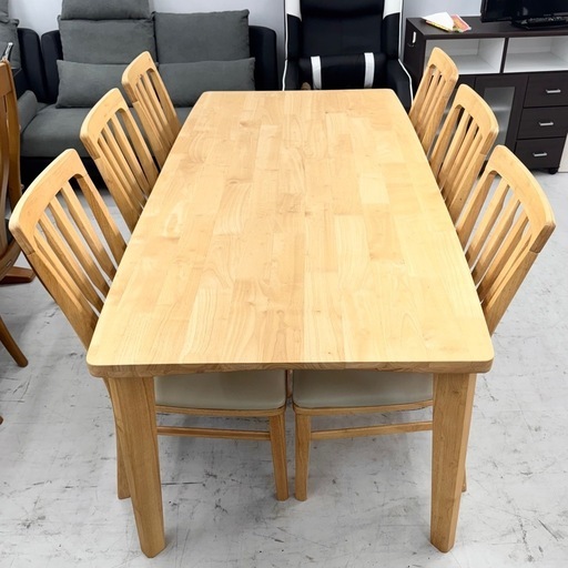 【展示未使用品‼️】大川家具 180cm幅6人掛けダイニングテーブルセット 食卓 座面合成皮革 天然木製ナチュラルブラウン♪