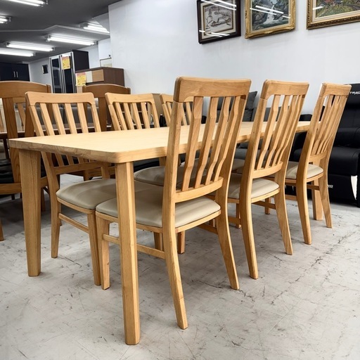 【展示未使用品‼️】大川家具 180cm幅6人掛けダイニングテーブルセット 食卓 座面合成皮革 天然木製ナチュラルブラウン♪