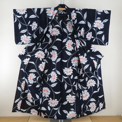 浴衣 女性ゆかた 紺色ｘ白色ｘ赤色 ぼかし染め コーマ地 ひまわり模様 綿 夏物 レディース 仕立て上がり 身丈153cm 【キモノオフ野々市若松店】の画像