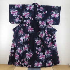 浴衣 女性ゆかた 紺色ｘ白色ｘピンク色 アジサイ模様 ぼかし染め...