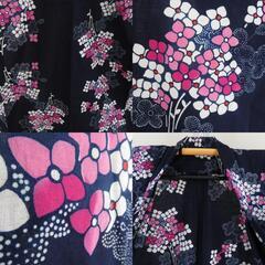 浴衣 女性ゆかた 紺色ｘ白色ｘピンク色 アジサイ模様 ぼかし染め コーマ地 綿 夏物 レディース 仕立て上がり 身丈159cm 【キモノオフ野々市若松店】の画像