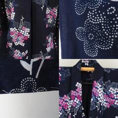 浴衣 女性ゆかた 紺色ｘ白色ｘピンク色 アジサイ模様 ぼかし染め コーマ地 綿 夏物 レディース 仕立て上がり 身丈159cm 【キモノオフ野々市若松店】の画像