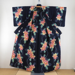 浴衣 女性ゆかた 紺色ｘ黄色ｘ緑色 花模様 ぼかし染め コーマ地 綿 夏物 レディース 仕立て上がり 身丈157cm 【キモノオフ野々市若松店】の画像