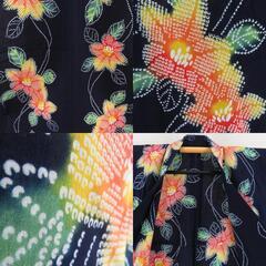 浴衣 女性ゆかた 紺色ｘ黄色ｘ緑色 花模様 ぼかし染め コーマ地 綿 夏物 レディース 仕立て上がり 身丈157cm 【キモノオフ野々市若松店】の画像