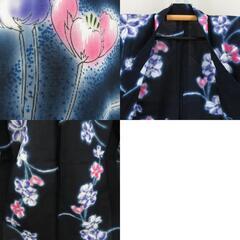 浴衣 女性ゆかた 紺色ｘ紫色ｘピンク色 花模様 ぼかし染め コーマ地 仕付け糸付き 綿 夏物 レディース 仕立て上がり 身丈156cm 【キモノオフ野々市若松店】の画像